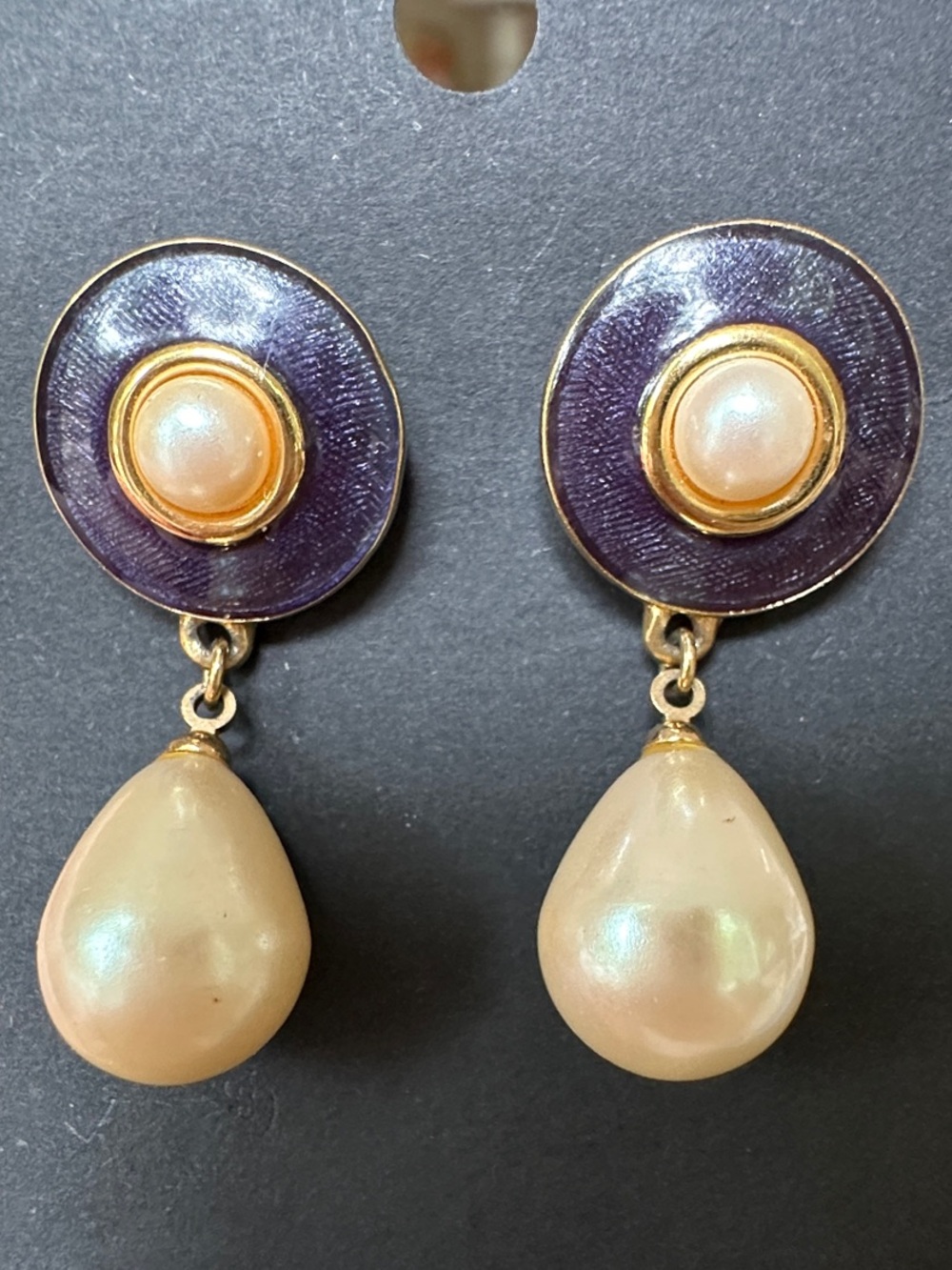 Monet Gold-Tone Pearl Drop Earrings with Navy Enamel Accents
